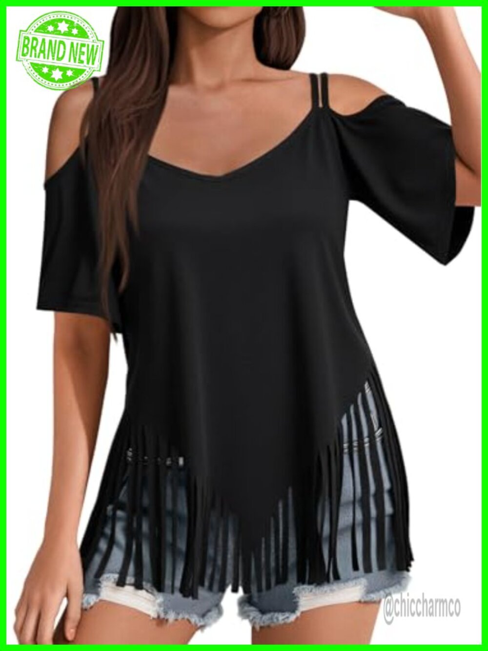 Fringe Top Short Sleeve V Neck T Shirt Oversized Casual Summer Tee